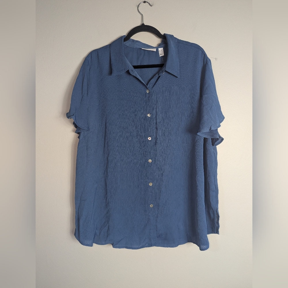 2X NWOT Susan Graver Blue Button Front Flutter Sleeve Top